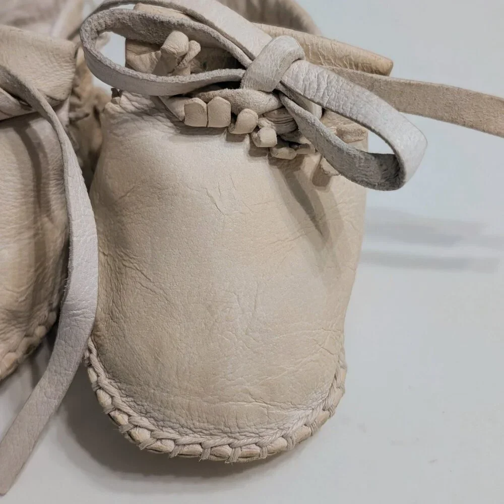VTG White Leather Moccasin Baby Crib Shoes Sz 1 Infant Walker 0–3 Months Laces
